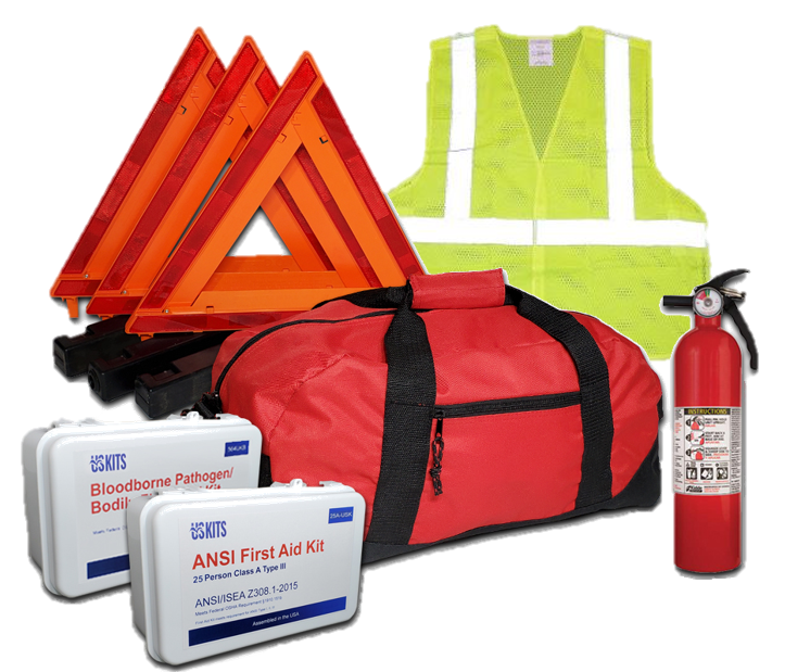 USKITS Advanced NEMT DOT OSHA Compliant Kit with 2.5lb Fire Extinguisher & 25 Person ANSI First Aid Kit