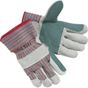 (DZ)Select Shoulder, Split Leather Gloves, Rubberized Safety Cuff, Gray w/ Red Stripe, MEDIUM