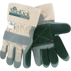 Side Kick Gloves w/Leather Palms & Green Double Leather Palm, Thumb and Index Finger, Large