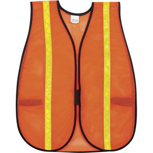 General Purpose Poly Mesh, Orange Safety Vest w/Yellow Vinyl Stripes