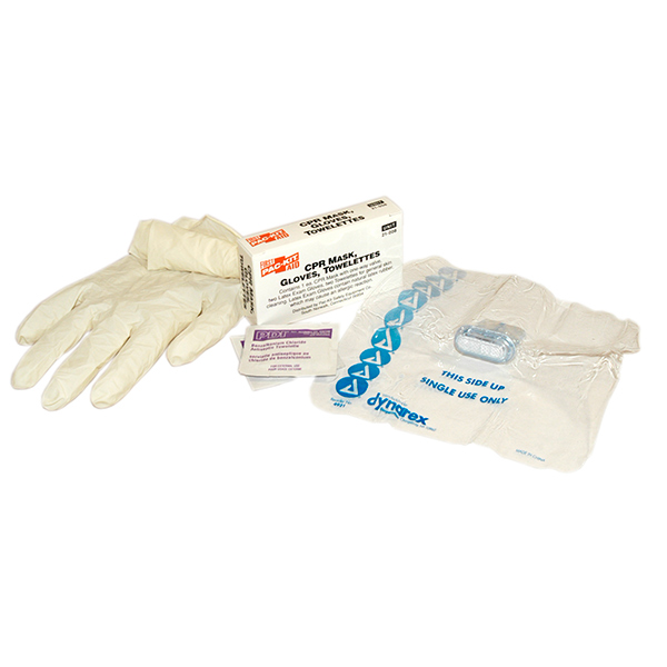 Kit w/ CPR Face Shield & One-way Valve, (2) Chloride Antiseptic Towelettes, & (2) Latex Exam Gloves