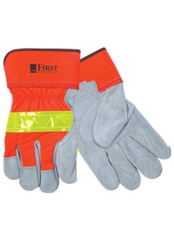Hi-Viz Leather Gloves w/Safety Cuffs<br>Orange