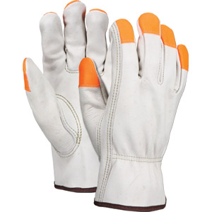 (DZ)GLVS LG COW DRIVER WHITE/HIVIS ORG FINGERTIPS