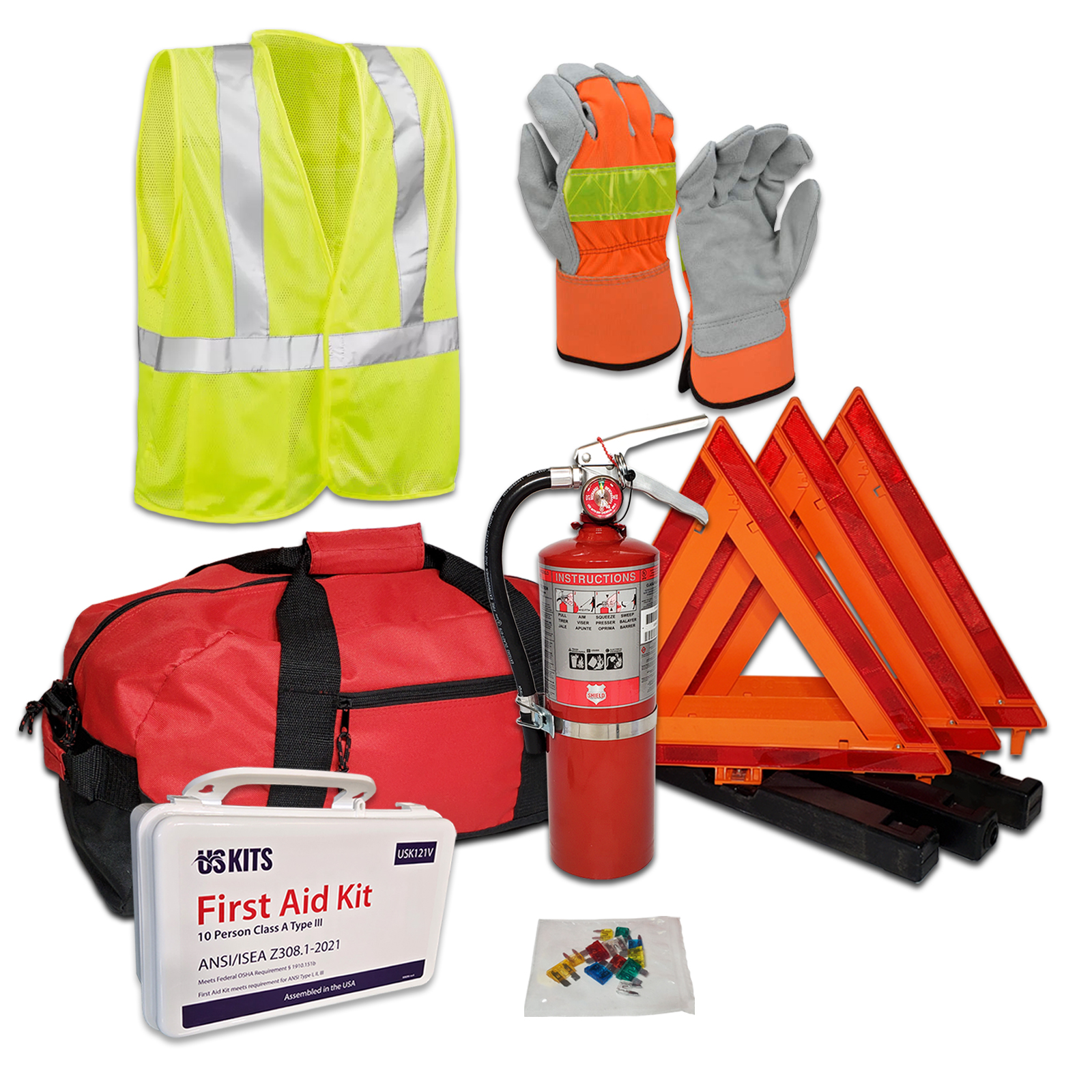 USKITS DOT OSHA Hi-Viz Fleet Safety Kit with 5lb 3A40BC Fire Extinguisher and 10 Person ANSI First Aid Kit